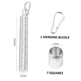 1 Metal Pill Box with 1 Carabiner, Waterproof Round Pill Box, Aluminum Alloy Engraved Pill Box, 7-Compartment Pill Box, Suitable for Traveling (Silver)