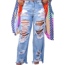 Ptorlio Women's Ripped Jeans Y2k Straight Wide Leg High Waisted Jean Distressed Baggy Denim Pants Pale Blue