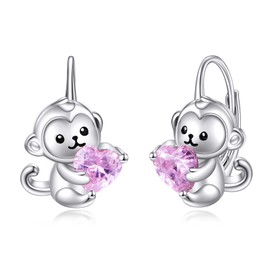 VONALA Monkey Girls' Hoop Earrings 925 Sterling Silver Animal Gift Jewellery with Pink Zirconia for Women Girls Children (Monkey), Sterling Silver, Cubic Zirconia