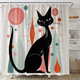 EVRCVAR Mid Century Cat Shower Curtain ​Retro Abstract Atomic Geometric Iconic 1950s 1960s Vintage Neutral Pattern Bathroom Curtain Fabric with Hooks(70" WX70 H)