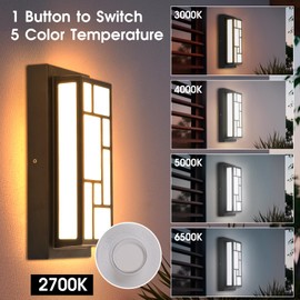 Energetic 5CCT Outdoor Wall Light Fixture, 13 Inch IP65 Waterproof Modern Porch Light, 120V Exterior Wall Lantern, 2700K/3000K/4000K/5000K/6500K, Aluminum LED Sconce for Garage, Patio, ETL, Black