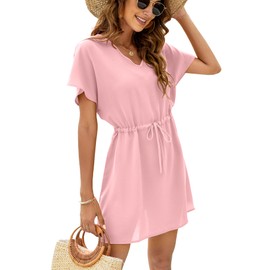 Bluetime Women Summer Beach Sheer Cover Ups Chiffon Bikini Cover Dress for Swimwear with Drawstring (M, Peach Pink)