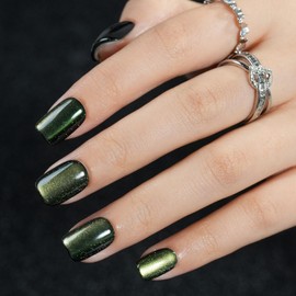 Kurze Cat Eye Press-on-Nägel, Jofay Fashion Olivgrüne Press-on-Nägel, weiche Gel-Kunstnägel, wiederverwendbare und natürliche Acryl-Kunstnägel