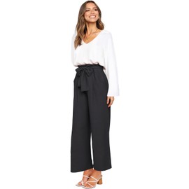 FANCYINN Womens 2 Piece Crop Pants Set V Neck Wide Strap Tops High Waisted Cropped Paper Bag Pants with Belt Black Pants & White Long Sleeves Tops XS