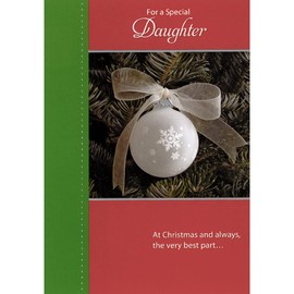 Designer Greetings White Ornament with Snowflake and White Ribbon Bow on Evergreen Tree Christmas Card for Daughter