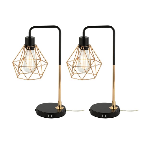COTULIN Set of 2 Industrial Touch Control Table Lamp,Vintage Black Gold Desk Lamp with 2 USB Charging Ports,3-Way Dimmable Bedside Nightstand Cage Reading Lamp for Bedroom Living Room Office Study