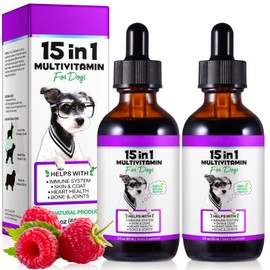 Dog Multivitamin,15 in 1 Dog Multivitamin Liquid Drops Supplements, Dog Vitamins for Heart Health, Bones, Joint, Skin & Coat, Bladder, Immune System Support 60ml-2pcs