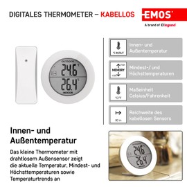 EMOS - Digital Thermometer with Outdoor Sensor - Wireless Wireless Sensor, Indoor and Outdoor Temperature, 80 m Range, Memory Function - °C/°F - Table/Wall Mount - White