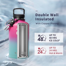 Water Bottle 64oz with Paracord Handle, Trebo Half Gallon Double Wall Vacuum Stainless Steel Insulated Jug with Straw Spout Handle Lids, Leakproof Water Flask Keep Cold Hot Thermo Canteen Mug,Rose Red