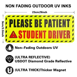 3 Pcs Student Driver Magnets for Car,Please Be Patient Student Driver Sticker Girls and Boys New Student Driver Sticker Safety Warning Signs,High Reflective,Reusable Movable,Set of 3. 3.5" x 9"