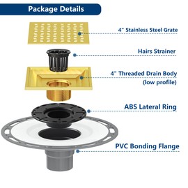 Neodrain Square Shower Drain, 6 in Golden 304 Stainless Steel Floor Drain with PVC Bonding Flange Base with Waterproof Fabric, Drain Grate Removable, Drain Key for Low Profile Shower Pan