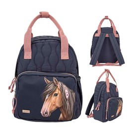 Depesche 12512 Miss Melody Night Horses Backpack for Children with Horse Motif and Quilted Seam Look, Bag in Dark Blue with Adjustable Shoulder Straps, Dark blue pink, Casual