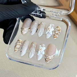 ONPRESS 30Pcs Summer Press on Nails Medium Almond Fake Nails with 3D Shell Starfish Pearl Rhinestone Design White Omber French Tip Sliver Star Nails Nude Irregular Chrome Cute False Nails for Women