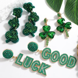 3 Pairs of St. Patrick Earrings Set for Women, Sparkle Shamrock Green Leaf Earrings, Letter Good Luck Beaded Shamrock Clover Dangle Earrings for St. Patrick Party Jewelry Decor Gifts
