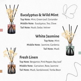 Brakula 3 Pack Reed Diffuser, Oil Diffuser Sticks, Fresh Linen, White Jasmine,Eucalyptus&Wild Mint, (4 fl oz Each Pack), Home Fragrance with 15 Stick, Shelf Decor, Reed diffusers for Home