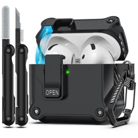 R-fun Compatible with AirPods 4th Gen Case, Full Drop Protection Auto Pop-Up Lid and Lock Design with Cleaner Kit and Keychain for AirPods 4 2024-Black