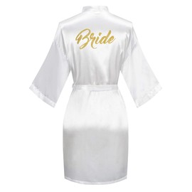 Women Short Kimono Robe Bride Bridesmaid Kimono for Wedding Party Bridal Sleepwear Getting Ready, gilding Bride White M
