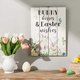 Glitzhome Wooden Easter Bunny Wall Hanging Sign Decor, 18" H