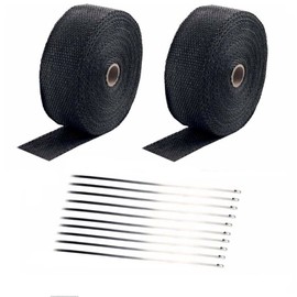 VOWAGH 2 Roll x 2" 50 FT Exhaust Heat Wrap Roll for Motorcycle Manifold Header Pipe Fiberglass Heat Shield Tape Black (Will Lose Color), with 20 Stainless Steel Ties Kit