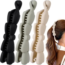 Mxxipp 3pcs French Banana Clips, Non-Slip Classic Large Hairstyle Claws, Bow Double Combs Hair Holder for Women Curly Straight Long Thick Thin Hair- Black & Gray & Skin-Color
