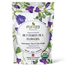 Puritea USDA Organic Butterfly Pea Flower Tea, 8.82oz | Great for Iced or Hot Brewed Herbal Tea | Natural Blue & Purple Food Coloring | Rich Source of Antioxidants | Caffeine Free, Non-GMO, No Sugar (Butterfly Pea Flowers 8.82 Oz)