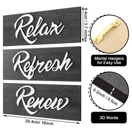 Yookeer 3 Pieces Farmhouse Bathroom Wall Decors Relax Renew Refresh Signs Bathroom Rustic Hanging Wooden Signs Home Bathroom Signs Vintage Wood Wall Signs for Home Bathroom Laundry Room Decor (Grey)