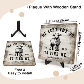 He Left the 99 to Rescue Me Christian Desk Sign – Jesus and Lost Sheep Wooden Plaque, Table Decor for Home, Office or Prayer Room 5.9x5.9inch (MATTHOW 18:12-14 Sheep)