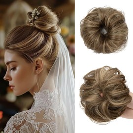 CJL HAIR 2PCs Small Cute Messy Bun Hair Piece for Thin Hair Women Girl Mini Synthetic Curly Bun Scrunchies Updo Hairpieces for Kids Brunette/Ash Blonde