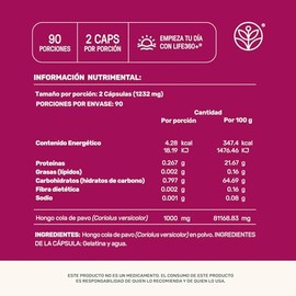 LIFE 360+ Cola de Pavo Extracto Puro| 180 cápsulas | 1232mg por porción