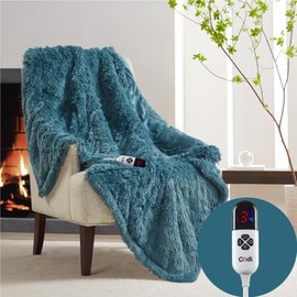 Codi Fuzzy Shaggy Fur Electric Blanket Throw | Teal 50x60 | Super Soft Couch Heated Throws | 6 Heating Levels & 4 Time Settings with Auto Shut Off, 6ft Power Cord | Washable