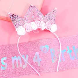 Vovii 4th Birthday Decorations for Girls, Birthday Girl Headband & Glitter Sash Set for 4 Year Old Girl Birthday Decorations, Birthday Flower Princess Crown Headband for Happy 4th Birthday Girl Outfit