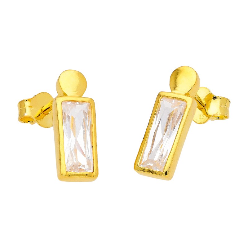 Gold Plated Sterling Silver Bobble Baguette CZ Stud Earrings, Sterling