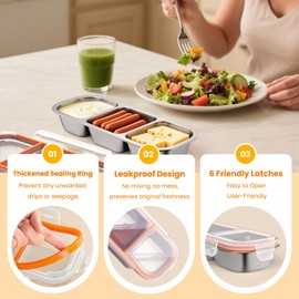 2 Pack Reusable Stainless Steel Snack Containers with Lids, 2 & 3 Compartment Stainless Steel Snackle Box Container for Adults, Divided Snack Food Storage Containers for School, Travel (Orange)