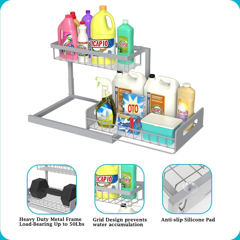 REALINN Under Sink Organizer, Pull Out Cabinet Organizer 2 Tier
