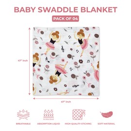 DREAMS & DIMPLES Muslin Swaddle Blankets 4 Pack Premium 100% Cotton Baby Swaddle Blanket Soft & Breathable 47" X 47" Baby Receiving Blankets for Boys and Girls (Love to Dance)