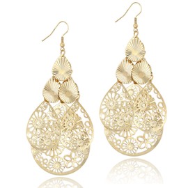 14K Gold Plated Drop Dangle Large Earrings for Women Filigree Chandelier Teardrop Tiered Hollow Cutout Earrings for Party Prom