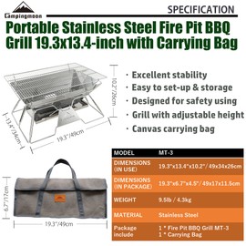 CAMPINGMOON Portable Camping Fire Pit Stainless Steel Foldable Collapsible BBQ Grill Wood Burning Charcoal 20x13-inch with Carrying Bag MT-3