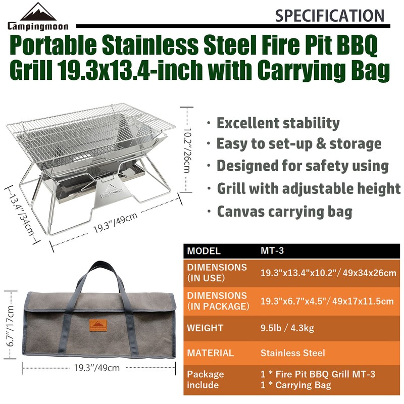 CAMPINGMOON Portable Camping Fire Pit Stainless Steel Foldable Collapsible BBQ