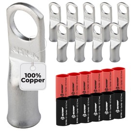 SELTERM 10pcs - 6 Awg - 5/16" Stud - Battery Lugs - Ring Terminal Connectors | with 12pcs 3:1 Black & Red Heat Shrink Tubing with Adhesive | Heavy Duty Battery Cable Ends - Tinned Copper Wire Lugs Kit