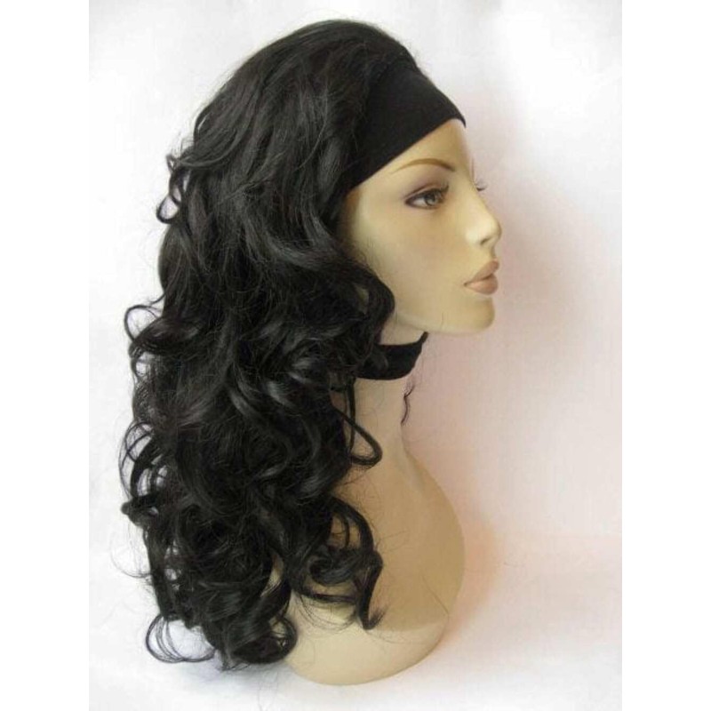 Curly black half wig hairpiece, long: Vicky black #1B