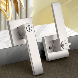 Probrico Interior Brushed Nickel Door Handle, Heavy Duty, Flat Square Privacy Door Handles, Keyless Door Levers Lockset for Bedroom and Bathroom (4 Pack, Modern)