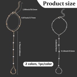 CABODYALS 2Pcs Silver Gold Pearl Finger Ring Bracelet Summer Boho Dainty Alloy Adjustable Beaded Link Hand Chain Bracelets Trendy Jewellery Set for Women Costumes Party Bridal Wedding Accessories