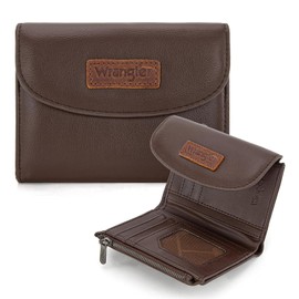 Montana West X Wrangler - Carteras pequeñas para mujer, portafolios triple con bloqueo RFID, portafolios de embrague de gran capacidad con monederos, Café, Minimalista