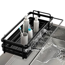 Ruioomeep Sink Organiser, Kitchen Sponge Holder, Metal Hanging Organiser for Kitchen, Bathroom, Sink Organiser with Two Hooks, Black, No Drilling