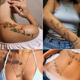 Tazimi Watercolor Temporary Tattoos For Women Girls-24 Sheets Colorful Flower Lavender Rose Vine Forget-me-not Plum Blossoms Wild flowers Realistic Waterproof Tattoo Stickers Body Art