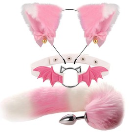 Animal Cosplay Costume Furry Fox Tail Plug Cute Ears Headband Bat Style Neck Collar Set