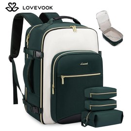 LOVEVOOK Fall Travel Backpack for Women & Men as Personal Item Flight Approved, Large Capacity Carry on Backpack for Airplanes with 3 Packing Cubes and Laptop Compartment, Waterproof WeekenderBag for Hiking, Overnight:_Green-beige-black_40L