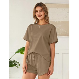 NORACORA Womens Two Piece Loungewear Lounge Set Matching Pjs Pajamas Sweat Short Pajama Sets Travel Outfits Dark Khaki