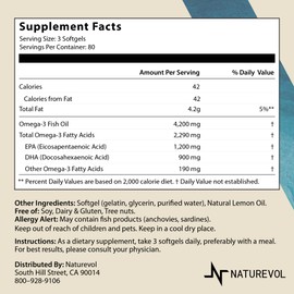 NATUREVOL Triple Strength Omega-3 Fish Oil 4200mg – 1200mg EPA + 900mg DHA | Lemon Flavor, Burpless, High Potency for Women & Men | Wild-Caught Deep Ocean Fish – 240 Softgels