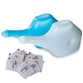 HealthAndYoga™ QwikFlo Economy, Light-Weight Neti Pot - Handy, Compact and Travel Friendly-White (2 Pieces (White, Blue), 10 Sachets Salt)